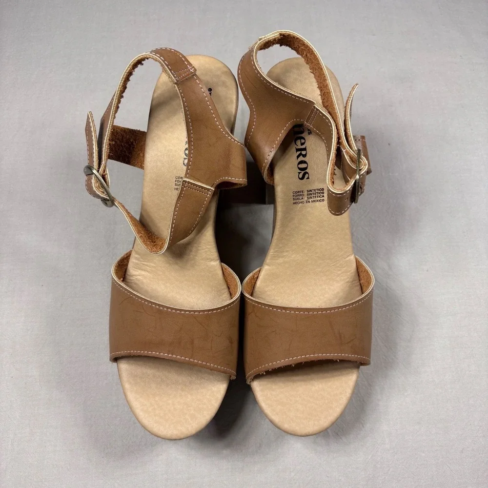 Eros Women Tan Faux‎ Leather Platform Block Heel Sandals Wood Grain Retro